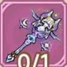 Animated character with a cat-like face and a blue outfit, holding a sword, on a pink background.