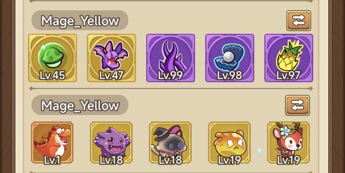 Screenshot of a mobile game showing two lists of characters named "Mage_Yellow". The characters include various fantasy creatures with their levels displayed below them. The top row has characters at levels 45, 47, 99, 98, and 97. The bottom row has characters at levels 1, 18, 18, 19, and 19.
