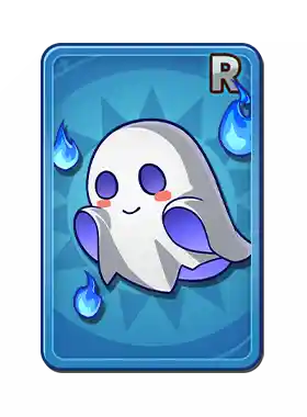 Animated ghost character with purple eyes and blue accents on a blue background, with water drops and a red 'R' symbol in the top right corner.