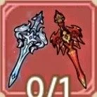 Two fantasy weapons, a silver sword and a red axe, with a red background and a 0/1 count.