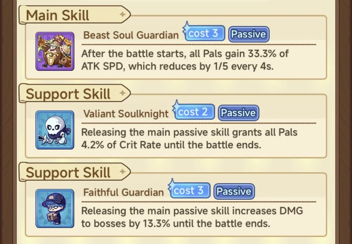 Game skill details for Beast Soul Guardian, Valiant Soulknight, and Faithful Guardian, showing icons, costs, and passive effects