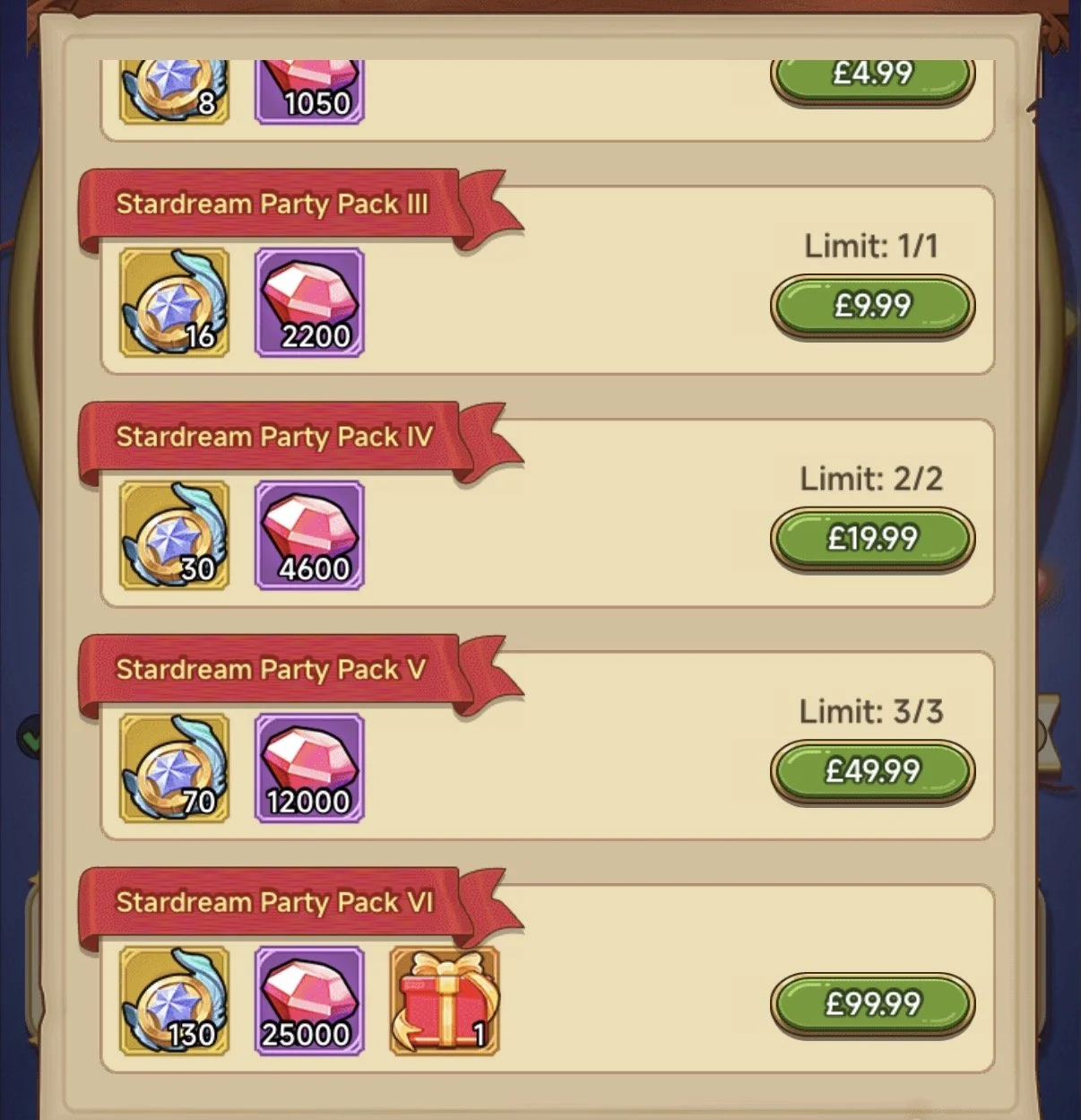 In-game shop menu showing various 'Stardream Party Packs' with prices and limits. Pack III costs £9.99, Pack IV costs £19.99, Pack V costs £49.99, and Pack VI costs £99.99. Each pack contains different amounts of a blue star symbol and pink gems.