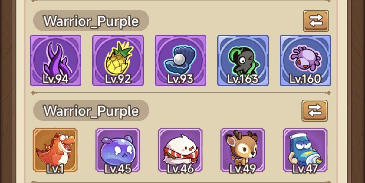 Screenshot of a mobile game showing two teams of cartoon characters with their levels displayed. The top team is called Warrior_Purple with five characters ranging from level 92 to 163. The bottom team is also called Warrior_Purple with five characters from levels 1 to 49. There are icons for swapping characters on the right side of each team.