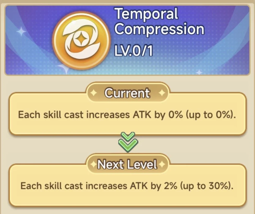 A game interface showing the skill 'Temporal Compression' at level 0/1. The current effect states that each skill cast increases ATK by 0%. The next level will increase ATK by 2%, up to a maximum of 30%.