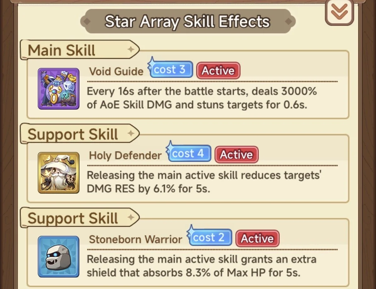 Screenshot of a game interface titled "Star Array Skill Effects," showing three active skills: Void Guide, Holy Defender, and Stoneborn Warrior, with their descriptions and costs.