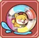 Animated cartoon of a smiling yellow lion inside a clear plastic ball with pink edges.