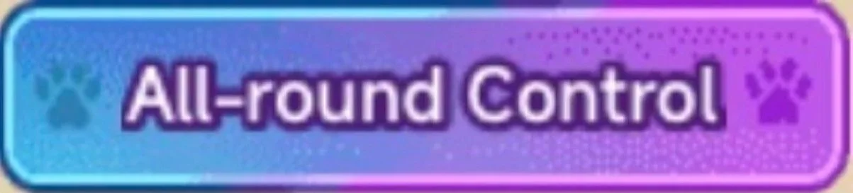 Colorful label with purple and blue background, featuring text 'All-round Control' and paw print icons.