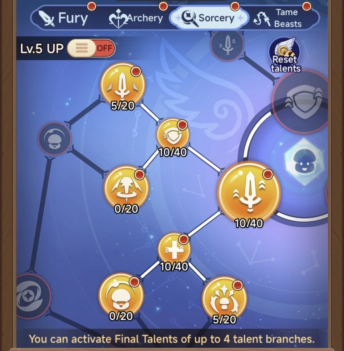 Video game skill upgrade tree with tabs labeled Fury, Archery, Sorcery, Tame Beasts. The Sorcery tab is active, showing multiple interconnected icons: a sword with ratings 5/20, 10/40, and 10/40, a health icon with 10/40, a skull icon, and one with a helmet and 0/20, and other icons with ratings 5/20. A message at the bottom states: 'You can activate Final Talents of up to 4 talent branches.'