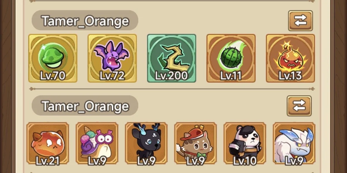 Screenshot showing characters from a game, labeled with names and levels. The top row includes a green character at level 70, a purple bat at level 72, a green lightning bolt at level 200, a green ball at level 11, and a flaming fiery character at level 13. The second row includes an orange cat at level 21, a purple snail at level 9, a black creature with blue accents at level 9, a brown bear with a red hat at level 9, a panda character at level 10, and a white beast with blue accents at level 9.