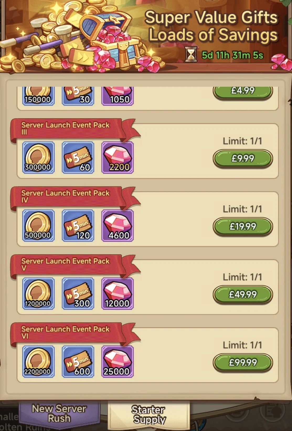 Screenshot of a mobile game's store with various server launch event packs for in-game currency and items, priced from £4.99 to £99.99.