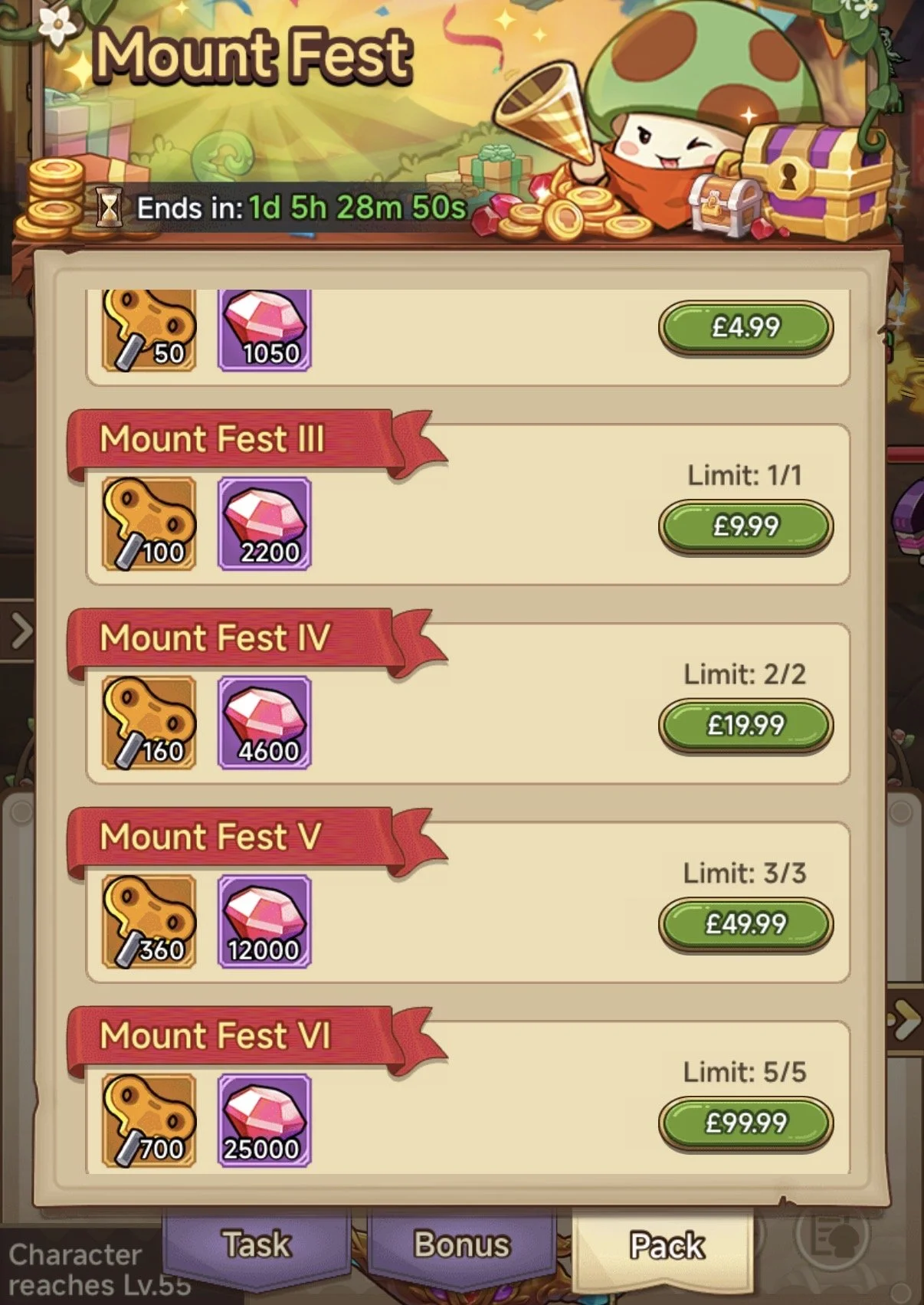 Screenshot of an in-game shop in a game called Mount Fest, showing different levels or tiers of Mount Fest packages with prices and in-game currency items.
