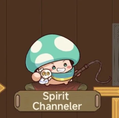 Cartoon character with a teal mushroom hat, holding a small owl, sitting on a log, with a sign reading 'Spirit Channeler'.
