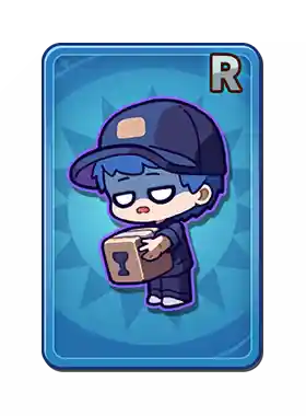 Cartoon character with blue hair and glasses holding a small cube, wearing a backward cap and a hoodie, with an R icon in the top right corner.