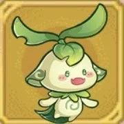 Cute cartoon character with a large green leaf hat, green outfit, and pink cheeks, on a gold background.