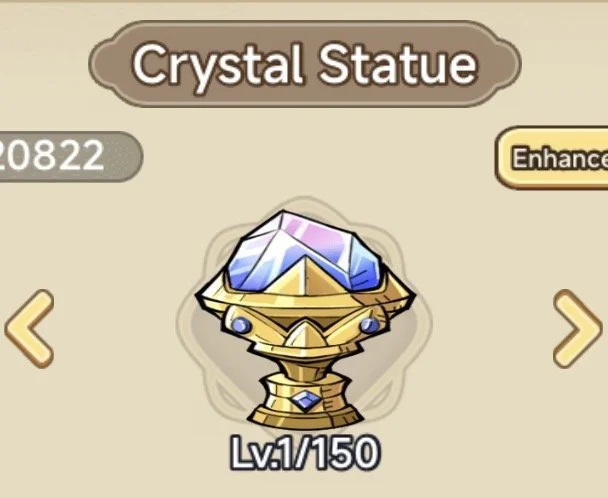 In-game screenshot of a crystal statue with a blue gemstone on top, mounted on a gold-colored pedestal, labeled as Level 1/150, from a game interface.