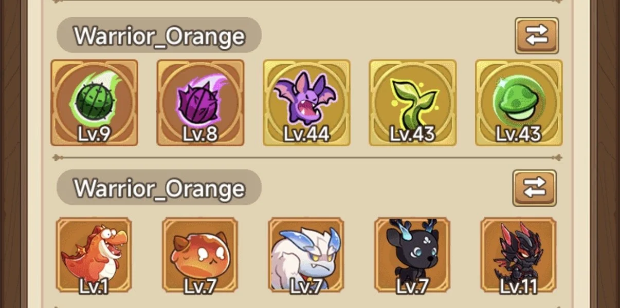 Screenshot of a mobile game's character collection screen showing two teams named Warrior_Orange. The first team has five characters at levels 9, 8, 44, 43, and 43, including cactus, purple plant, bat, sprout, and helmet. The second team has five characters at levels 1, 7, 7, 7, and 11, including a red creature, orange bear, white beast, black bear, and black creature with red accents.