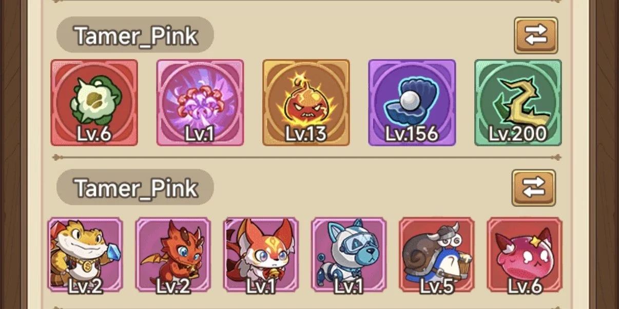 Screenshot of a game inventory showing two groups of characters called Tamer_Pink with their respective pet icons and levels. The first group has five pets with levels 6, 1, 13, 156, and 200. The second group has six pets with levels 2, 2, 1, 1, 5, and 6.