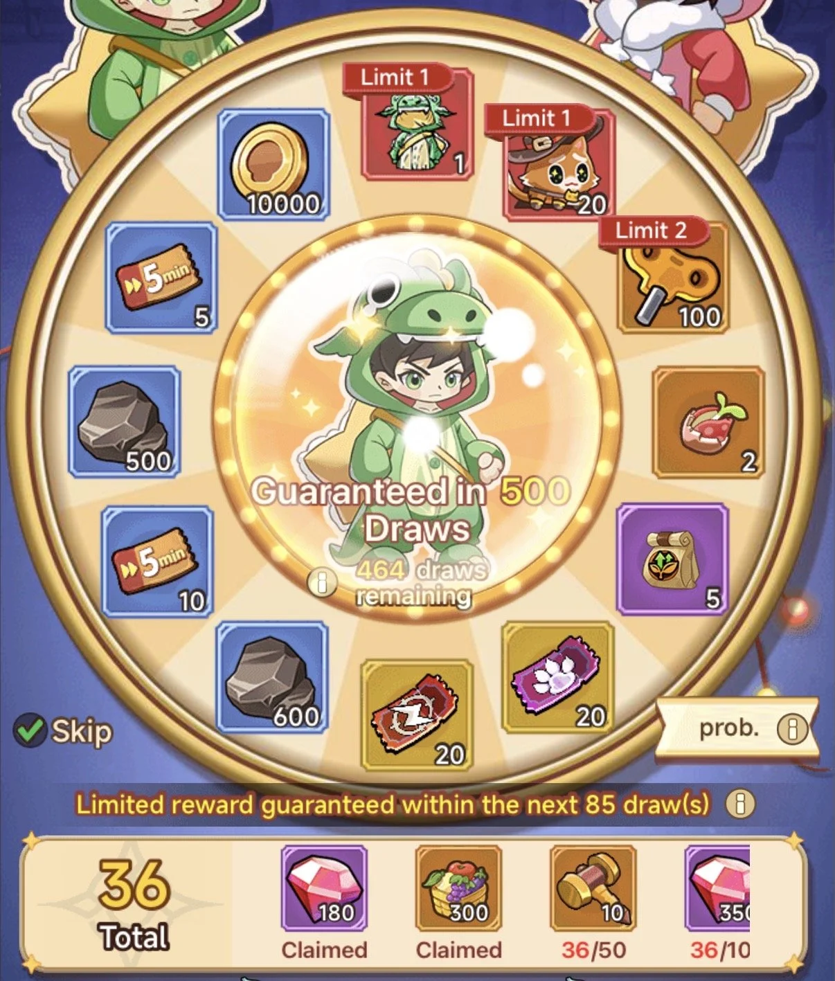 A gacha wheel in a mobile game showing various prizes, including in-game currency, characters, and items. The wheel has a central character dressed as a dragon, with text indicating the next guaranteed draw in 500 turns. There are options at the bottom for claimed rewards and available draws, with a 'Skip' button and a total count of 36 claimed draws.