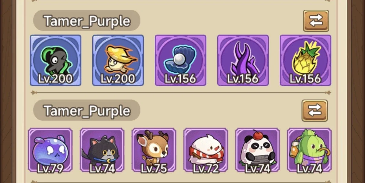 Screenshot of a game interface showing two teams of characters with their levels. The top team has five characters: a black and green squid at level 200, a yellow fox at level 200, a shell with a pearl at level 156, purple tentacle-like creature at level 156, and a pineapple at level 156. The bottom team has six characters: a purple bear at level 79, a black cat at level 74, a reindeer at level 75, a white creature with a red scarf at level 72, a panda with a cherry on its head at level 74, and a green bird with a bottle at level 74.