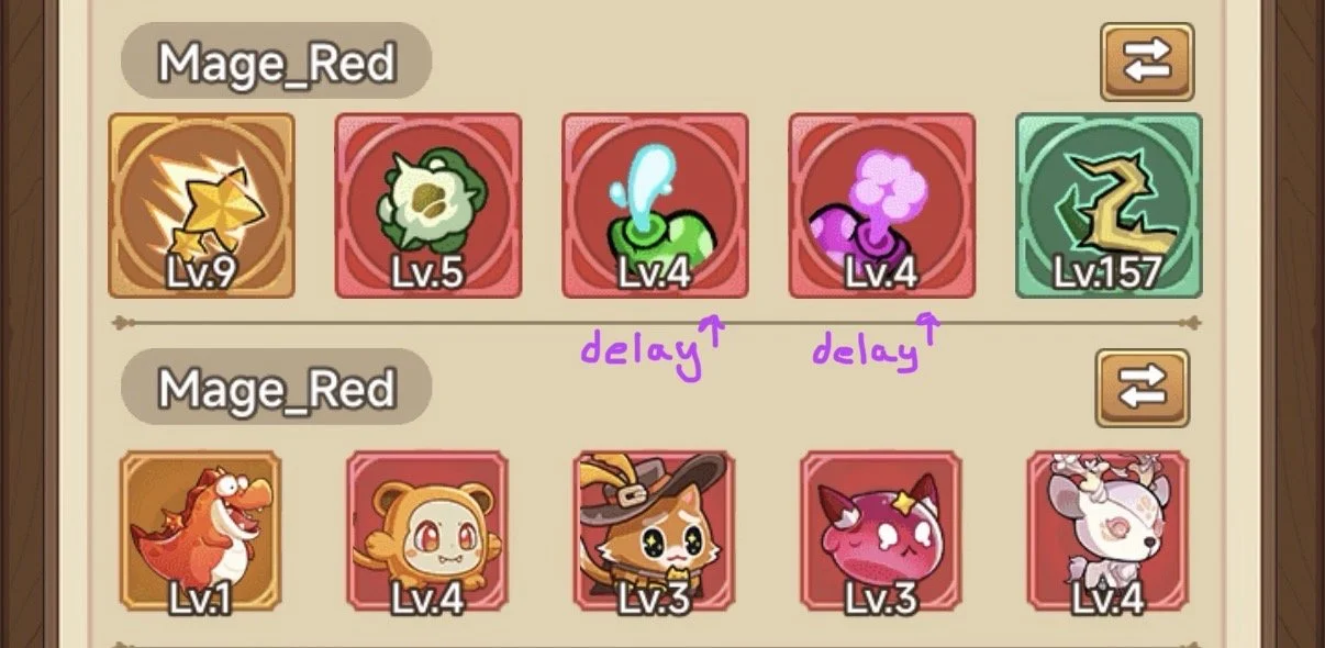 Screenshot of a game interface showing two rows of character icons. Each icon has a level indicator, with some levels being high and others low. There are handwritten notes indicating 'delay' with arrows pointing to two icons in the top row.