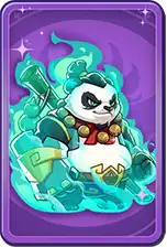 Cartoon panda character with blue hair riding a futuristic vehicle in a purple setting.