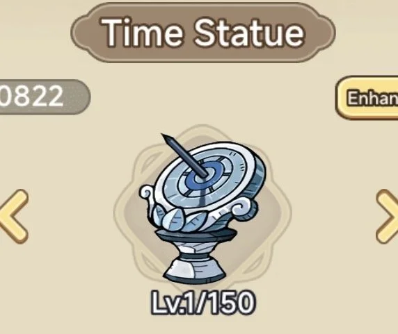 A digital game screen showing a clock with a pencil as the clock's hand, labeled as 'Time Statue,' at level 1 out of 150.