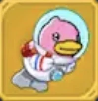 Cartoon pink duck wearing a space helmet and astronaut suit, sitting on a rock, with a yellow background.