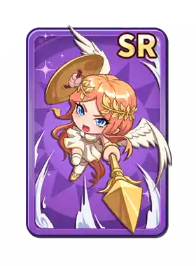 Animated fantasy character with pink hair, angel wings, and holding a golden spear, dressed in a white dress with a straw hat, on a purple background with 'SR' badge.