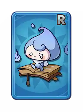 A digital illustration of a sad, sad-looking blue, teardrop-shaped character sitting on a stack of books in a fantasy or cartoon style.