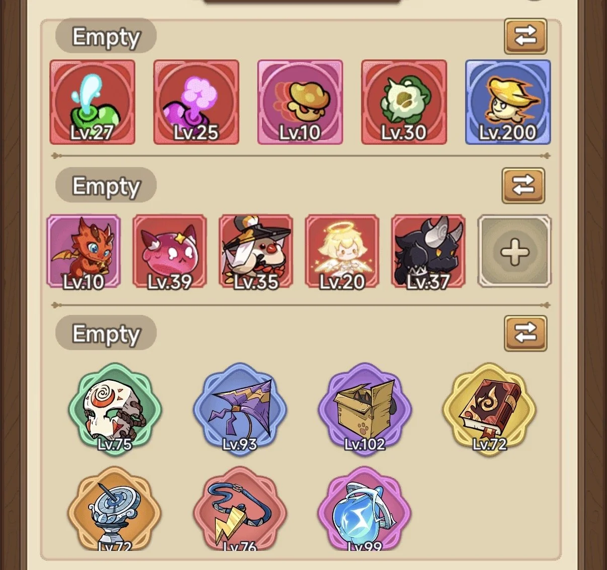 Screenshot of a game inventory showing three rows of characters and items, with various levels and some slots marked as empty.