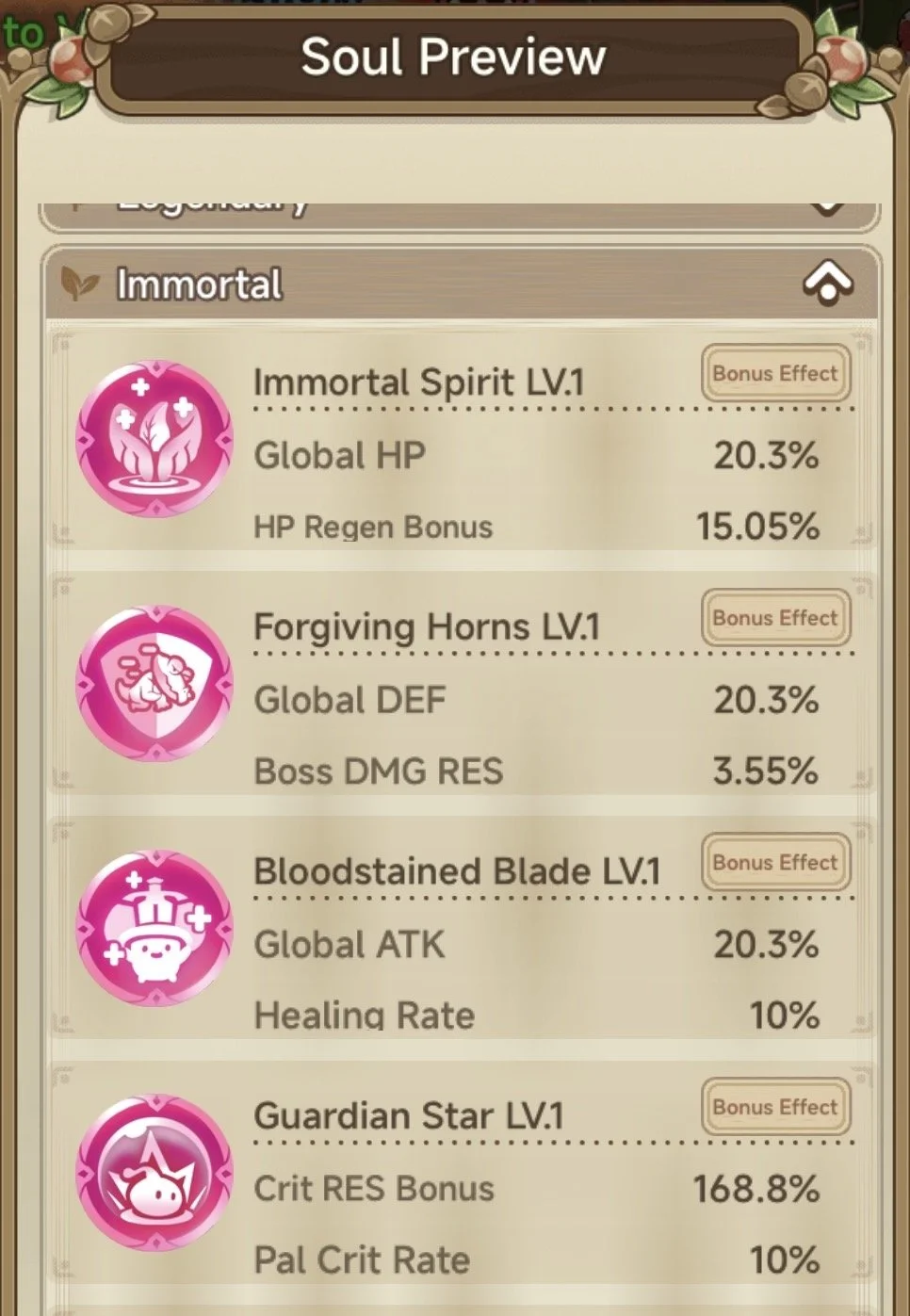 In-game skill preview screen for a character in a game, showing four skills with icons and their effects: Immortal Spirit, Forgiving Horns, Bloodstained Blade, and Guardian Star, including their levels and bonus effects.