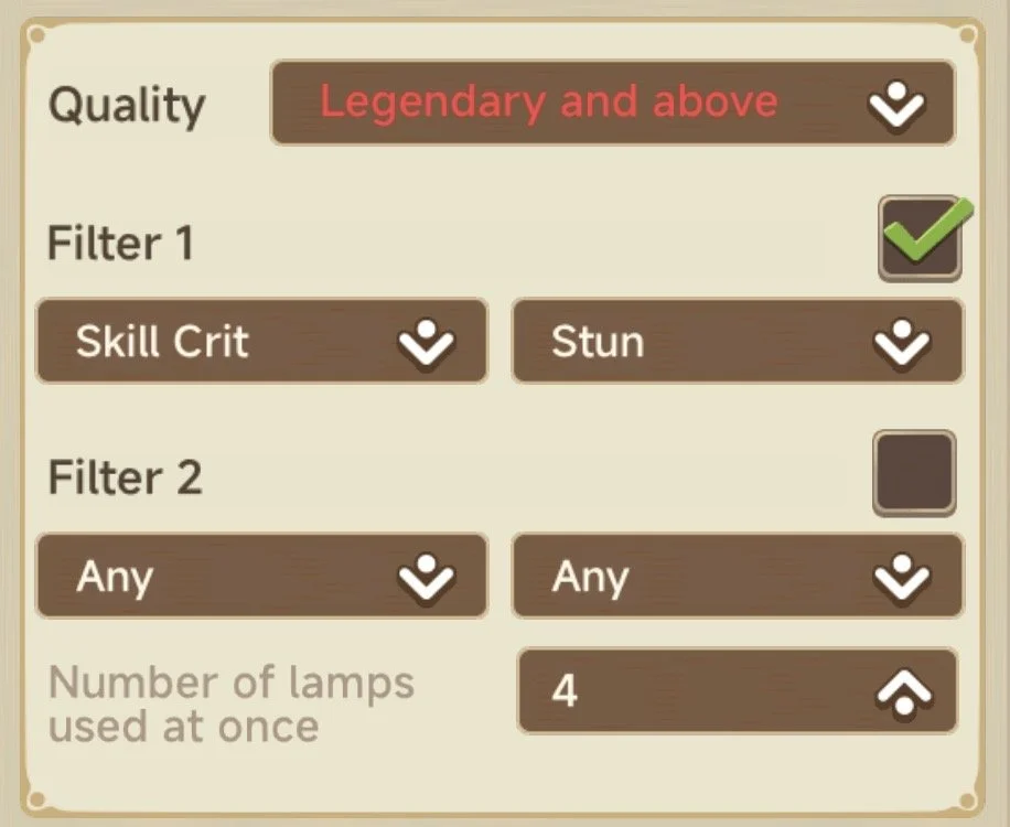 Video game settings menu with filters for quality set to "Legendary and above," skill crit set to "Stun," and number of lamps used at once set to 4.