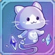 Cute animated purple cat with a heart on its chest, sitting among floating gems or crystals, with a colorful, glowing background.