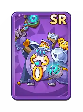 A character from a game wearing a wizard hat, glasses, and armor, holding a staff, surrounded by magical creatures, with an SR rank in the top right corner.