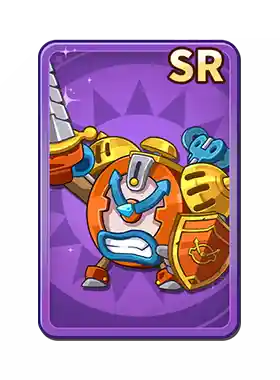 Animated character dressed as a knight with a sword, shield, and helmet, on a purple background with 'SR' in the top right corner.