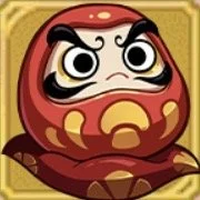 Cartoon character with a red face mask, large eyes, and a fierce expression, dressed like a warrior.