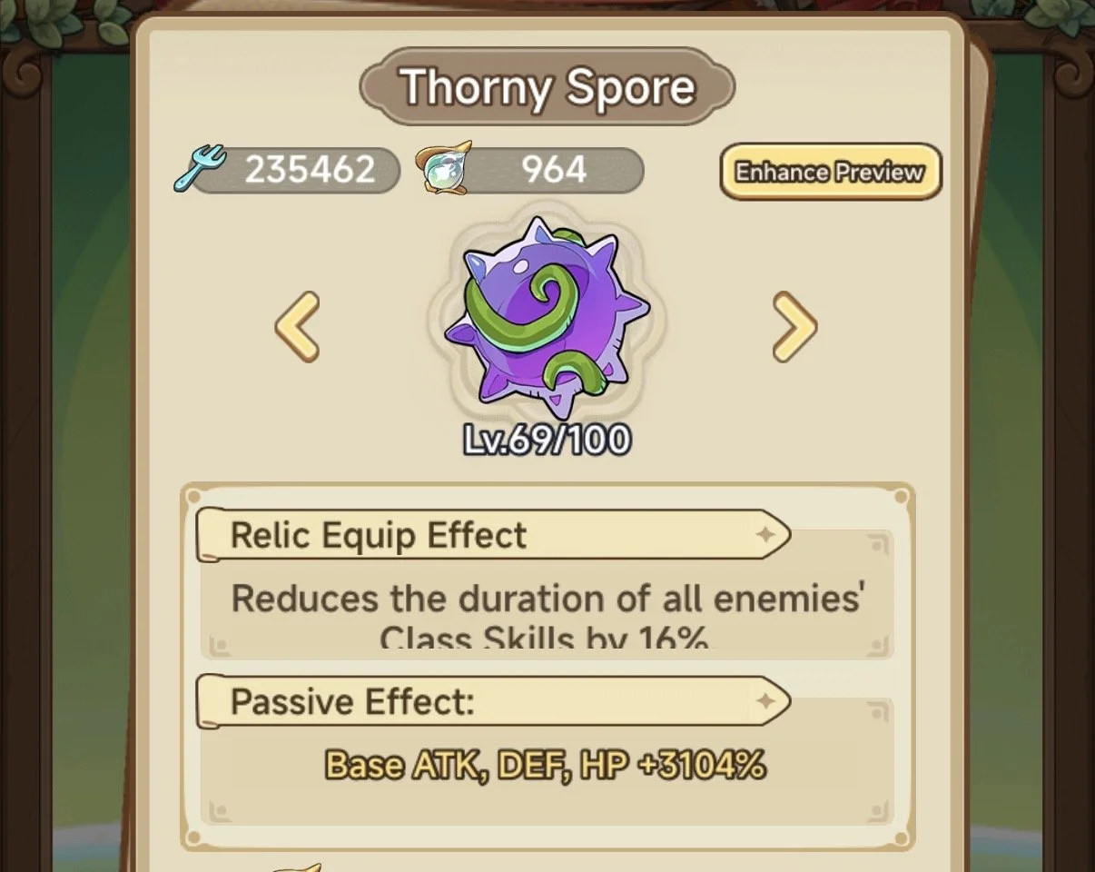 Screenshot of an in-game item called Thorny Spore, a purple spiky creature with green spiral accents, showing its stats and effects.