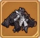 Close-up of a detailed, armored robot or mech with large weapons on both sides, set against an orange background.