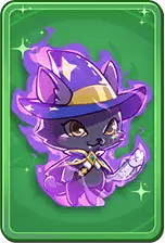 Cute purple kitty dressed as a wizard with a hat and robe, on a bright green background.