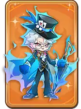 Cartoon character dressed in a blue and black wizard-like costume with a top hat and glasses, holding a staff, on an orange background.