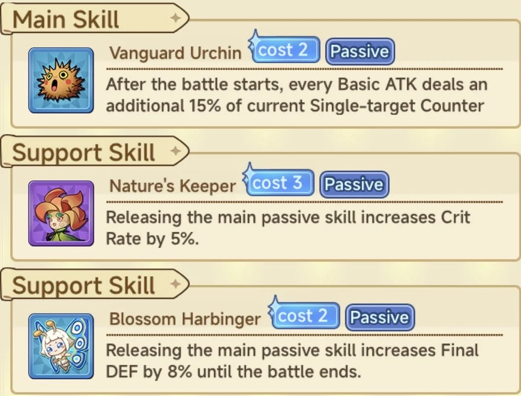 Screenshot of a game's skill menu showing main and support skills with descriptions and costs, including Vanguard Urchin, Nature's Keeper, and Blossom Harbinger.