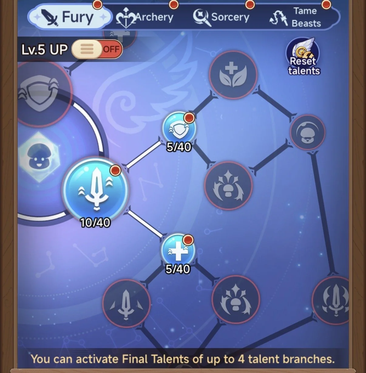 Screenshot of a talent development system within a video game, showing a skill tree with nodes for Fury, Archery, Sorcery, and Tame Beasts, with some nodes unlocked and others locked, and a message at the bottom indicating activation of up to four talent branches.