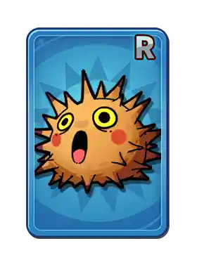 A cartoon pufferfish with spines, large yellow eyes, and an open mouth on a blue card with a red 'R' in the top right corner.