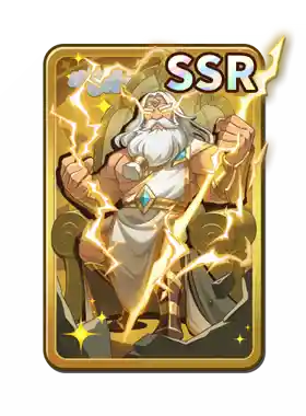A digital card featuring an elderly wizard with a long white beard, wearing a white robe and a gold sash, surrounded by lightning bolts. The card has a gold frame with stars and an 'SSR' label at the top right corner.