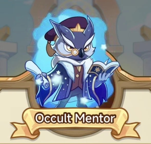 A cartoon wolf dressed as a wizard with a crown, robes, and glasses, holding a book and a wand, surrounded by a blue glow. Text reads "Occult Mentor."