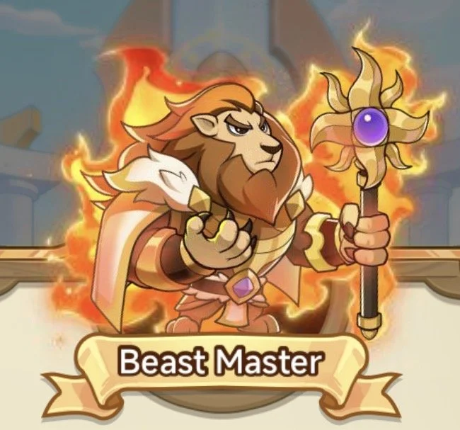 A cartoon lion dressed as a beast master, holding a scepter with a glowing purple orb, surrounded by flames, with a castle-like background and a banner that reads "Beast Master."