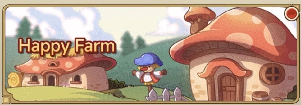 Cartoon farm with mushrooms-shaped houses, a duck character in a blue hat and red cape, and the text 'Happy Farm' at the top.