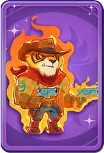 Cartoon lion dressed as a cowboy holding a gun on a purple background