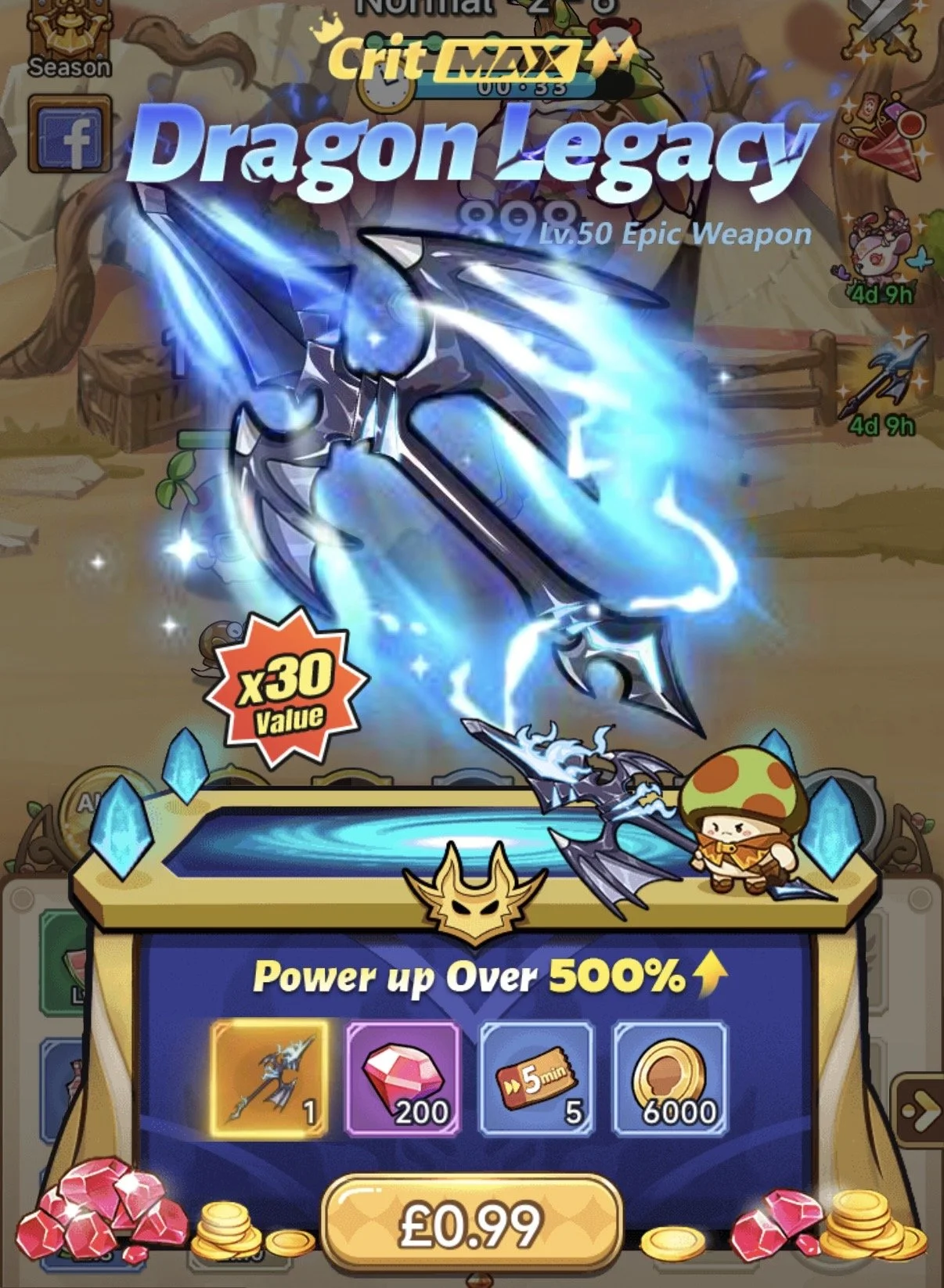 In-game screen displaying a blue, glowing, epic weapon called 'Dragon Legacy,' with a character standing next to it. The weapon costs £0.99 and features options like gems, coins, and tickets for upgrades, with text emphasizing a power increase over 500%.