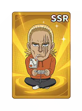 Anime-style character with long blond hair, sitting cross-legged, holding a handheld gaming device, with a sad expression and a tear. The background is gold with sparkles, and there is an 'SSR' label in the top right corner.